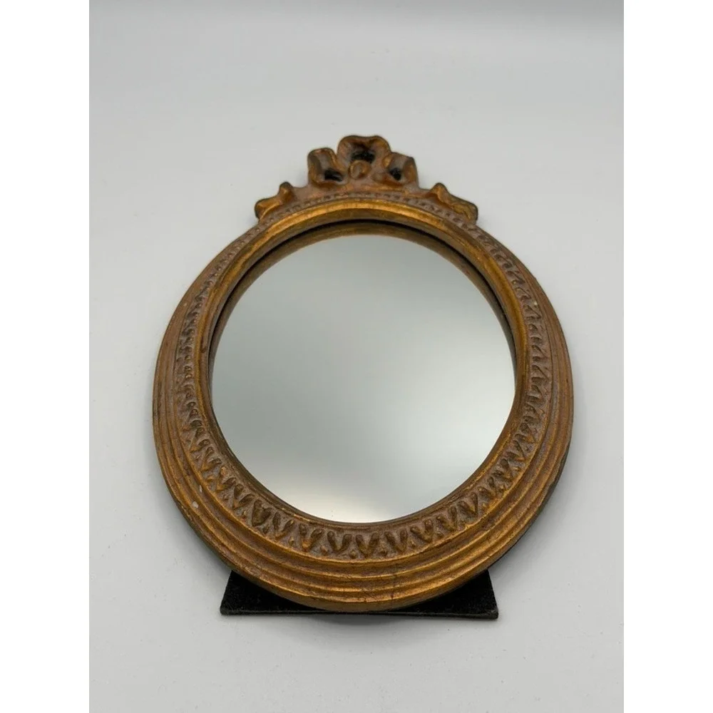 Vintage Ornate Gold Tone Round Tabletop Vanity Mirror w/ Easel Stand 10
